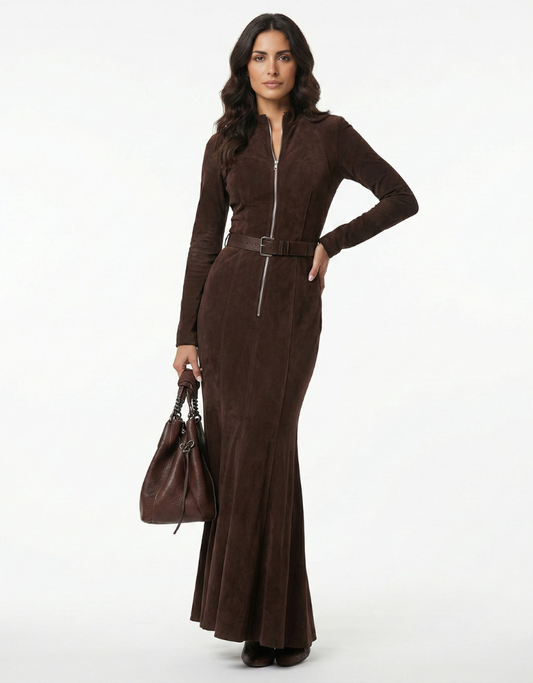 Almudena™ – Vestido largo marrón con cinturón