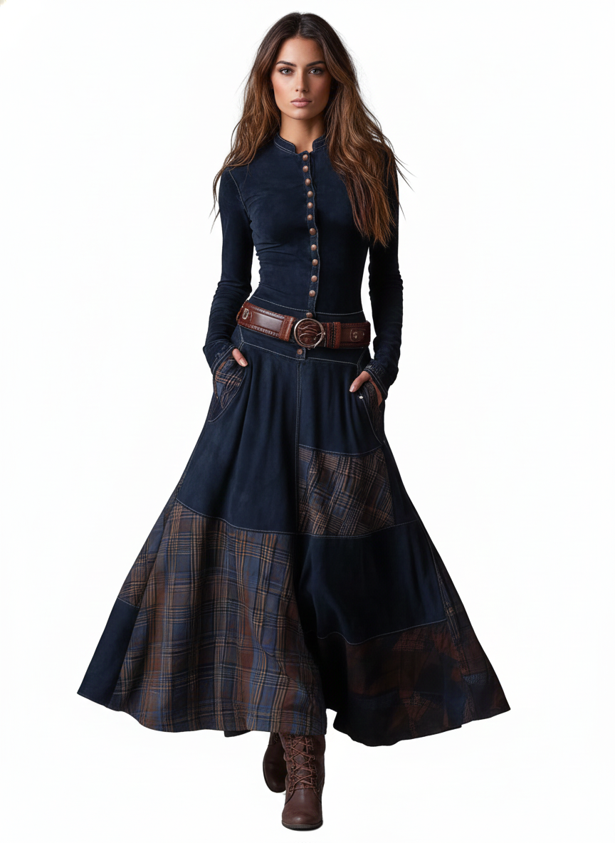 Azucena™ – Vestido maxi de ante con cinturón