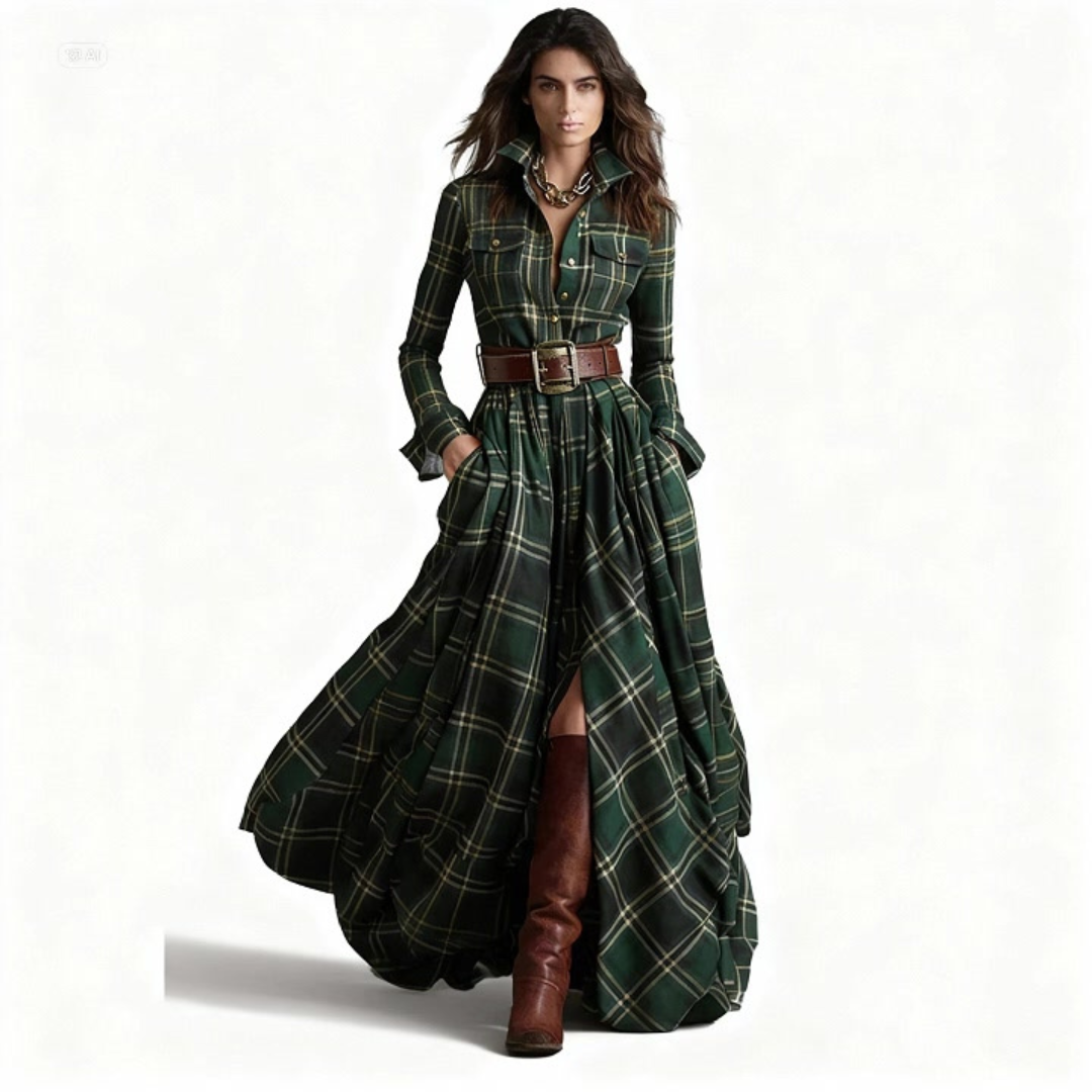 Beatriz™ – Vestido largo de cuadros con cinturón