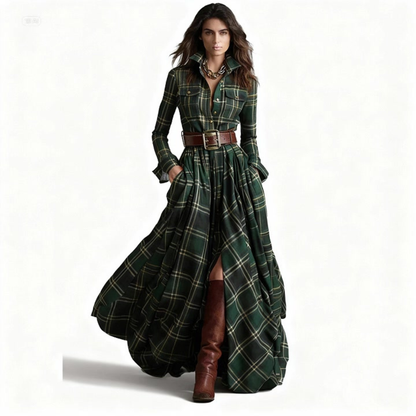 Beatriz™ – Vestido largo de cuadros con cinturón