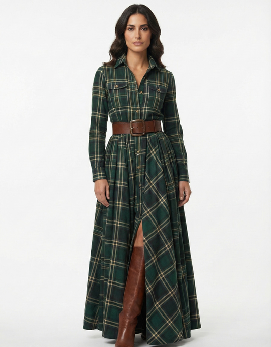 Beatriz™ – Vestido largo de cuadros con cinturón
