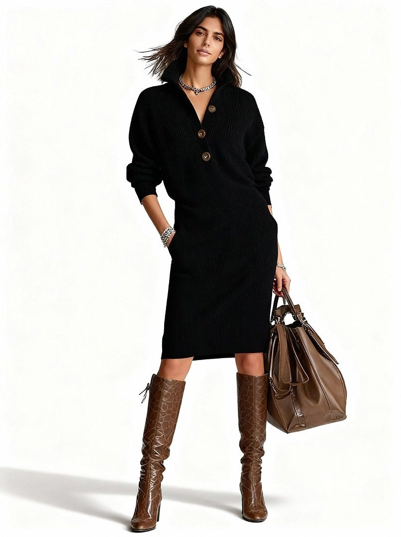 Lorena™ - Vestido de Punto con Cuello y Botones