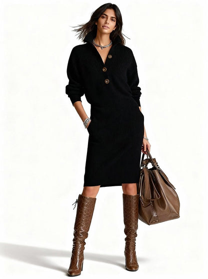 Lorena™ - Vestido de Punto con Cuello y Botones